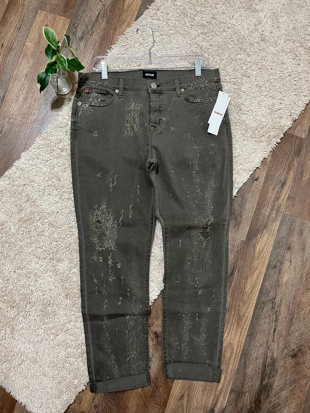 Hudson Loden Green Destructed Distressed Crop Riley Relaxed Straight Jeans NWT